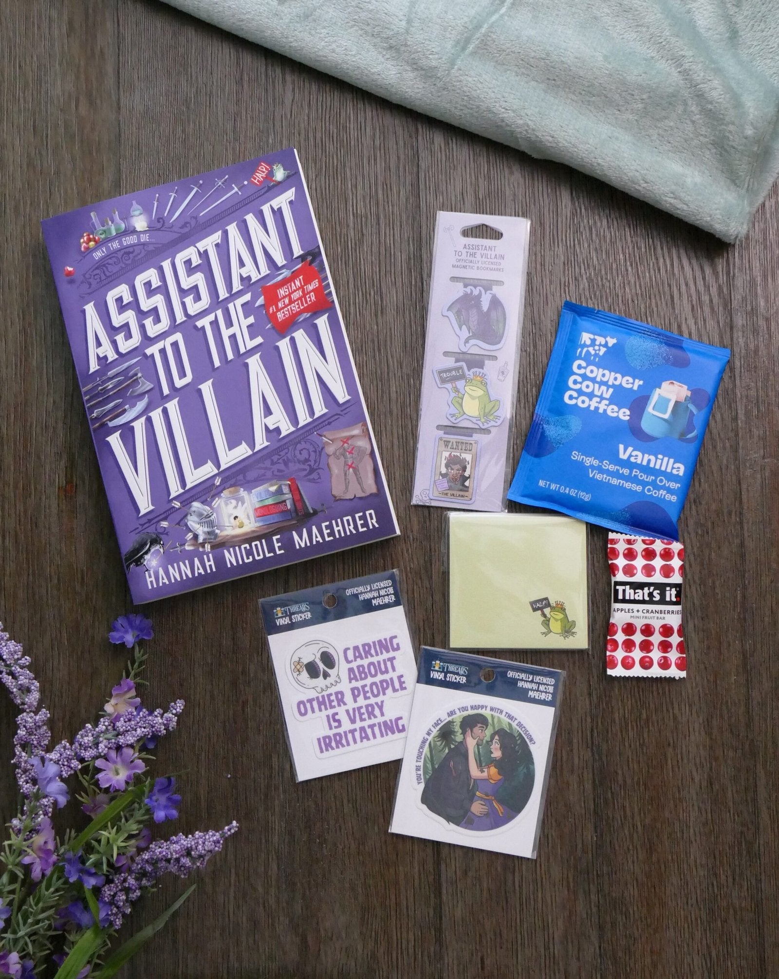 Assistant to the Villain story box – portrait flat lay of items